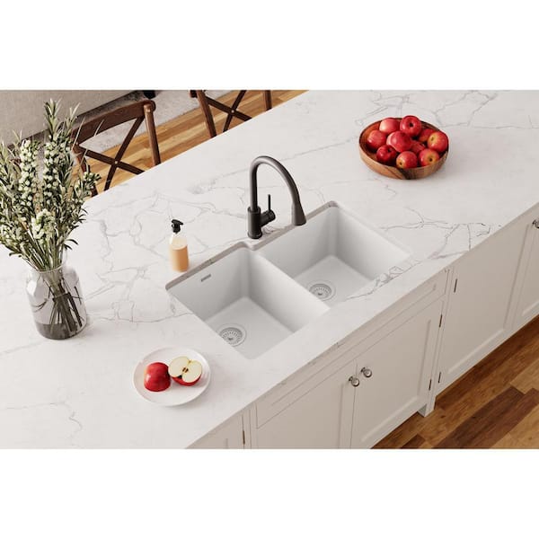 Quartz Classic 33 in. Undermount Offset Double Bowl White Granite/Quartz Composite Kitchen Sink Only