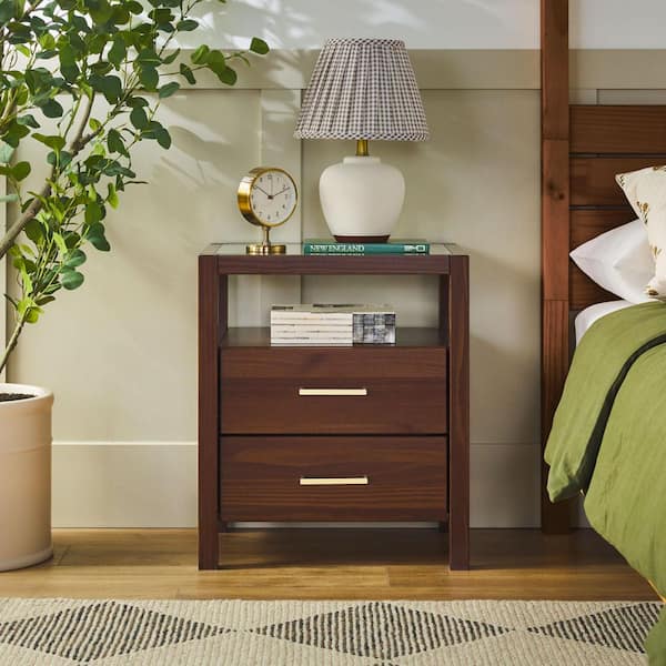 Isla Walnut Solid Wood Modern 2 Drawer 22 in. W Nightstand