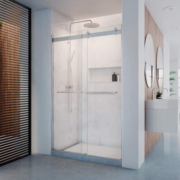 DreamLine Dexterity 60 in. W x 76 in. H Semi-Frameless Sliding Bypass Shower Door in Brushed Nickel with Clear Glass