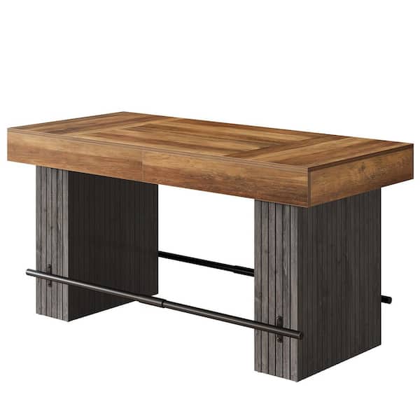 63 in. Bistro Industrial Counter Height Pub Bar Table, Rectangular Bar Unit with Metal Footrest Home Kitchen Dining Room