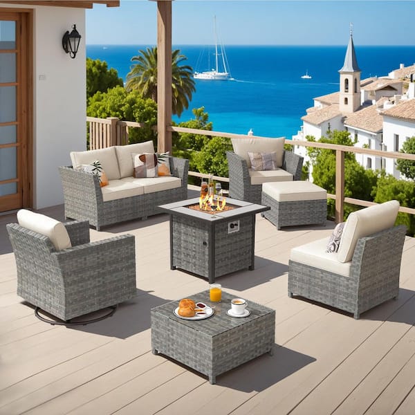 OVIOS Bexley Gray 8-Piece Wicker Fire Pit Patio Conversation Seating Set with Fine-stripe Beige Cushions and Swivel Chairs