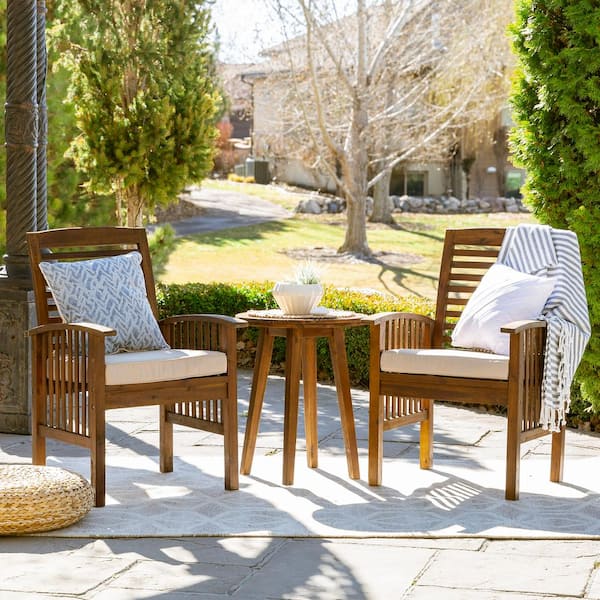 Walker Edison Furniture Company Dark Brown 3 Piece Acacia Wood Patio Conversation Set with Ivory Cushions