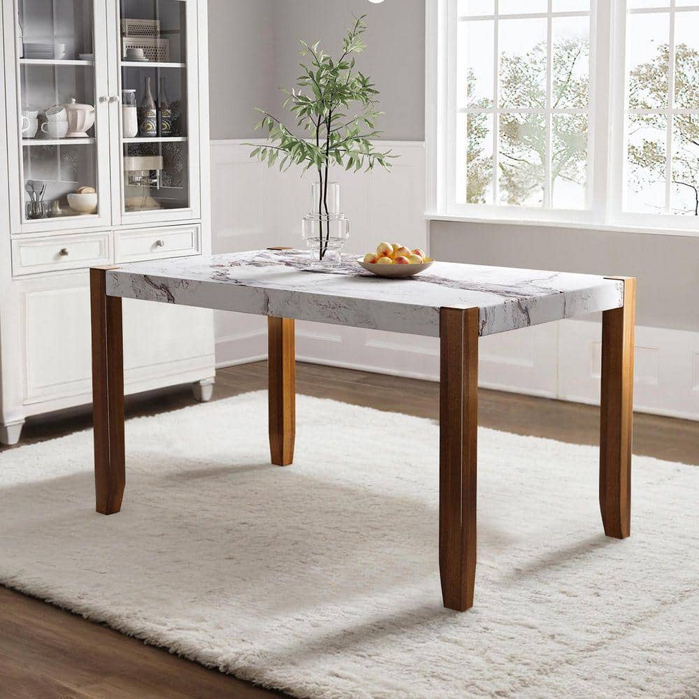White Faux Marble 4 Legs Rectangular Dining Table Seats 4