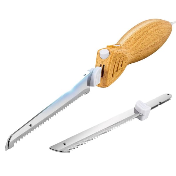 6.69 in. Faux Wood Stainless Steel Electric Knife with Ergonomic Handle, Easy-Slice Serrated Edge Blades, 2-Blades