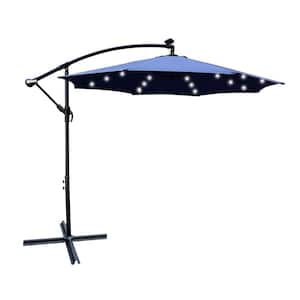 10 ft. Steel Outdoor Patio Cantilever Umbrella Solar Powered LED Patio Umbrella Shade with Crank in Navy Blue