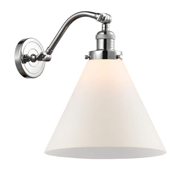 Cone 1-Light Matte White, Polished Chrome Wall Sconce with White Glass Shade