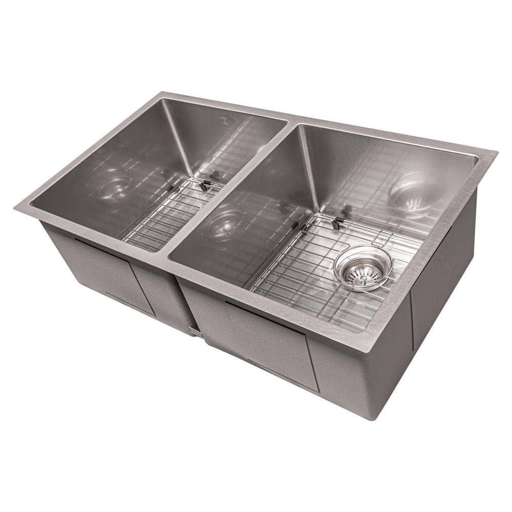 33 in. Anton Undermount Double Bowl Satin Stainless Steel Kitchen Sink with Bottom Grid price history on PriceWatchPro