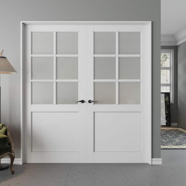 72 in. x 80 in. 6-Lite Frosted Glass Universe White Solid Core Wood Double Prehung French Door with Quick Assemble Jamb