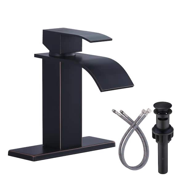 4 in. Centerset Single Handle High Arc Waterfall Bathroom Faucet with Pop Up Drain and Supply Lines in Oil Rubbed Bronze