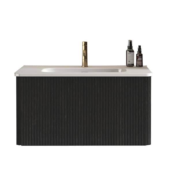 30 in. Single Sink Floating Black Bath Vanity with White Ceramic Top (Assembled), Push Open Drawer