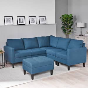32 in. Square Arm 6-Piece Polyester L-Shaped Sectional Sofa in Dark Blue