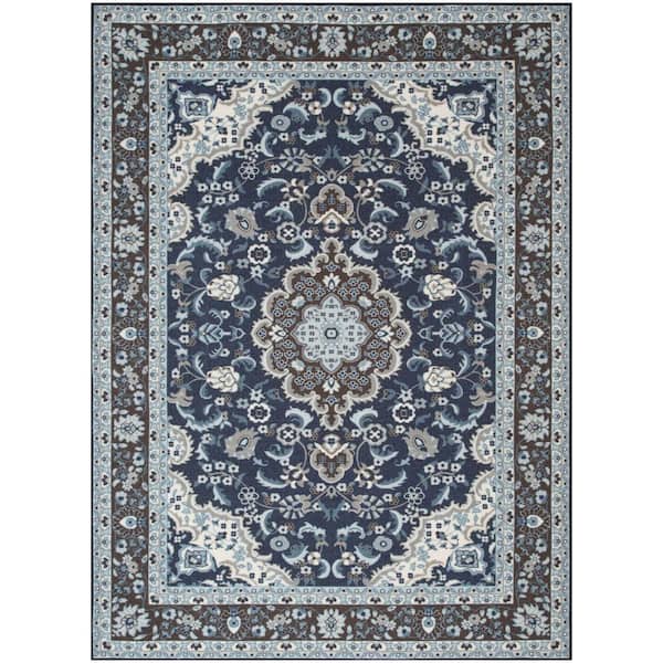 Well Woven Kings Court Gene Traditional Medallion Persian Blue Machine Washable Low Pile 5 ft. x 7 ft. Indoor/Outdoor Area Rug
