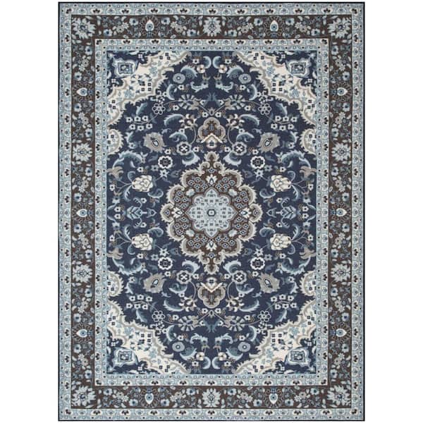 Well Woven Kings Court Gene Traditional Medallion Persian Blue Washable Thin 7 ft. 10 in. x 9 ft. 10 in. Indoor/Outdoor Area Rug