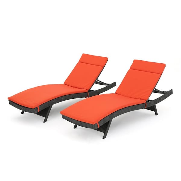 Noble House Miller Grey Armless 2-Piece Faux Rattan Outdoor Patio Chaise Lounge Set with Orange Cushions