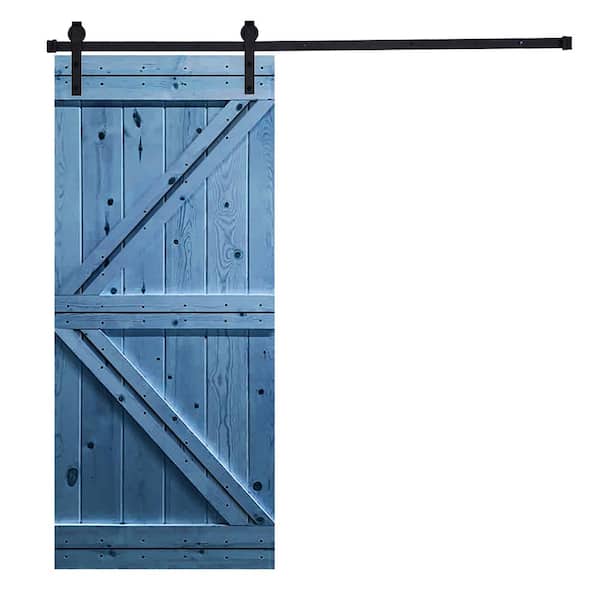 AIOPOP HOME Modern K-Bar Series 42 in. x 84 in. Navy Blue stained Knotty Pine Wood DIY Sliding Barn Door with Hardware Kit