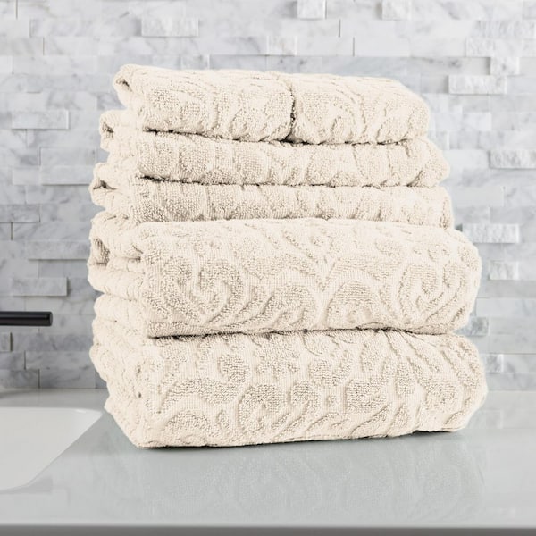6Pc Combed Cotton Bath Towel Set with 2 Bath Sheets, 2 Hand Towels, and 2 Wash Cloths, Cream Jacquard Bathroom Towels
