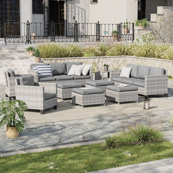 Sonkuki 9-Piece Patio Sofa Set Gray Wicker Outdoor Furniture Set with Side Table, Gray