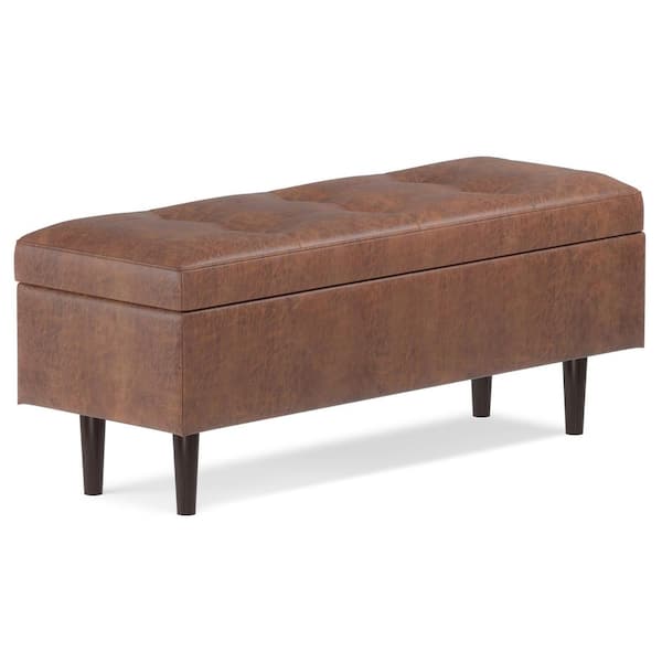 Shay 48 in. Rectangle Storage Ottoman in Distressed Saddle Brown Vegan Faux Leather, Assembled