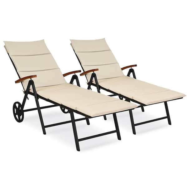 Costway Folding Metal Outdoor Lounge Chair Chaise Chair with Beige Cushions (2-Pack)