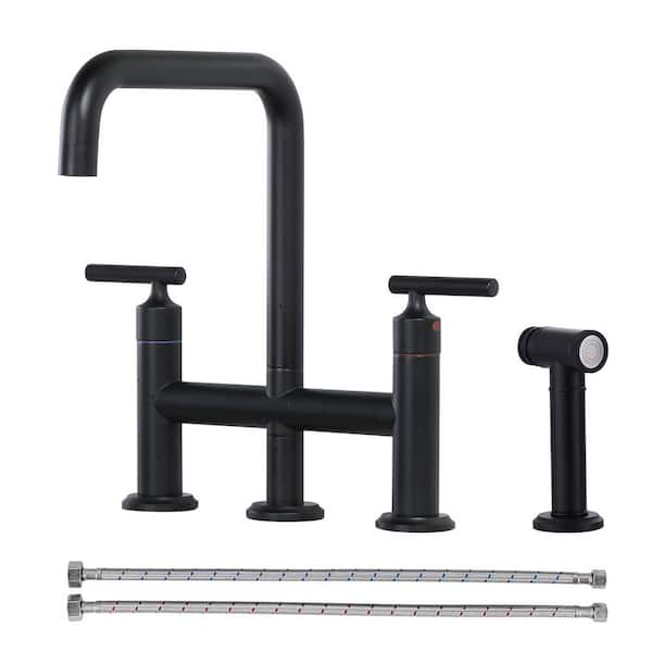 Double Handle Deck Mount Bridge Kitchen Faucet with Side Sprayer in Matte Black