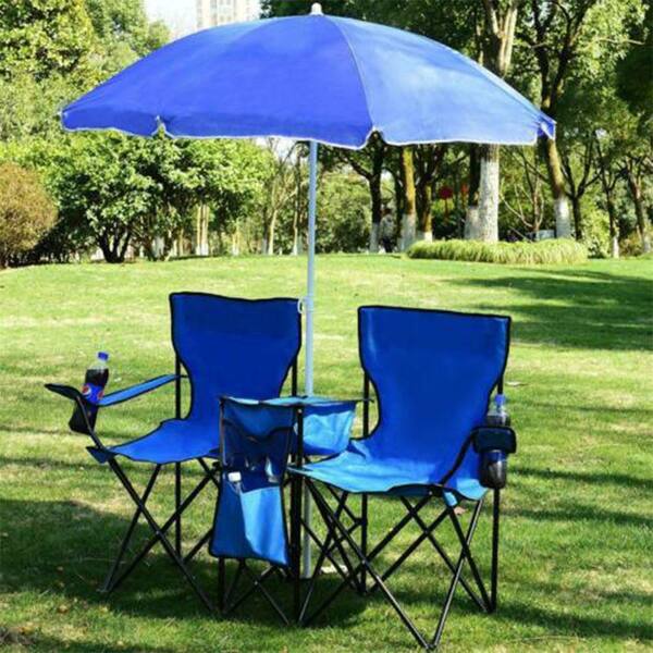 Double Folding Picnic Chairs w/Umbrella Mini Table Beverage Holder Carrying Bag for Beach Patio Pool Park Outdoor