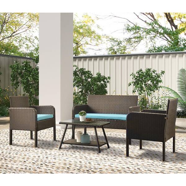 Wateday Outdoor 4-Piece Wicker Patio Conversation Set with Blue Cushions