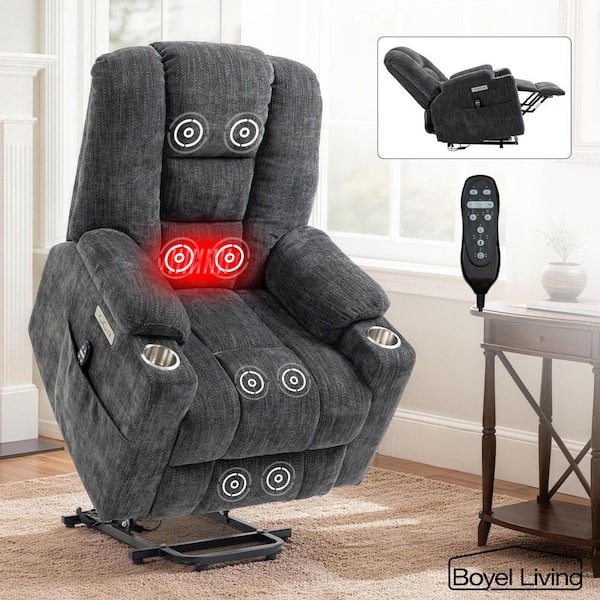 Boyel Living Grey Chenille Fabric Recliner Lift Chair Electric Power Lift Recliner Chairs with USB Port Cup Holder and Storage Pocket
