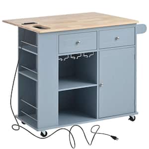 Blue Rubber Wood and MDF 40 in. Kitchen Island with Power Outlet, Wine Rack, 5-Wheels, and Open Adjustable Storage