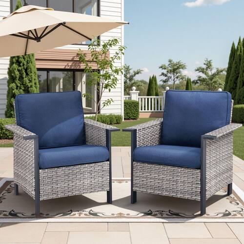 Gray Wide Armrests Patio Wicker Outdoor Lounge Chair with Blue