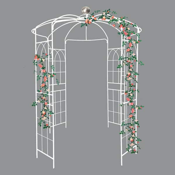 114.2 in. x 81.3 in. White Metal Garden Arch Arbor Birdcage Shape ...