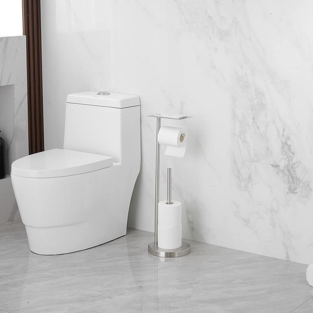 Brushed Nickel Freestanding Toilet Paper Holder with Storage Shelf