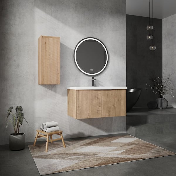 Combined 35.4 in. W X 18.1 in. D x 19.3 in. H Floating Bath Vanity in Imitative Oak with White Resin Vanity Top