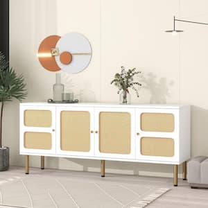 White Boho Style MDF 64.9 in. Sideboard with Adjustable Shelves Rattan Door and Gold Metal Base