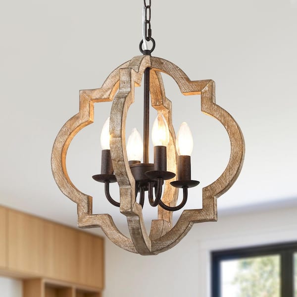 Fayet 4 Light 16 in. Weathered Wood Farmhouse Chandelier, Adjustable Height Modern Chandelier for Kitchen Island