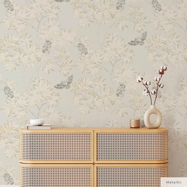 Metallic Natural Beige Parliament Owls Unpasted Wallpaper Roll (Covers 56 sq. ft.)