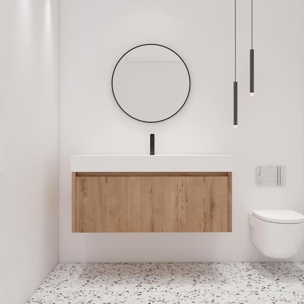 47.3 in. W x 18.1 in. D x 22.4 in. H Wall-Mounted Bath Vanity in Light Brown with White Resin Vanity Top