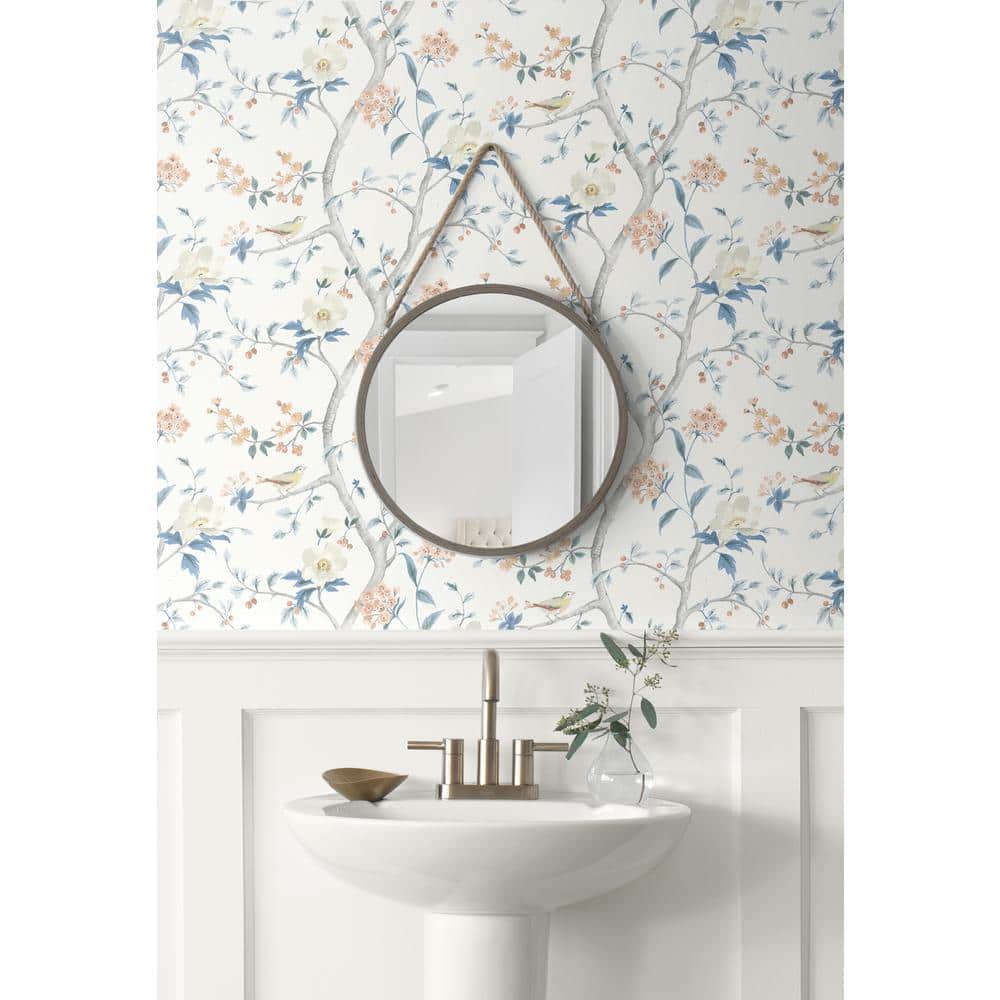 Melon and Carolina Blue Floral Trail Peel and Stick Wallpaper