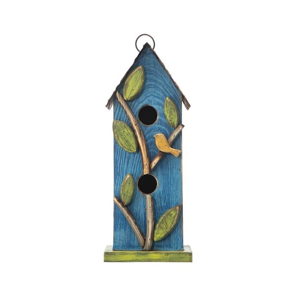 Glitzhome 13 in. H 2-Tiered Distressed Solid Wood Birdhouse with Leaves