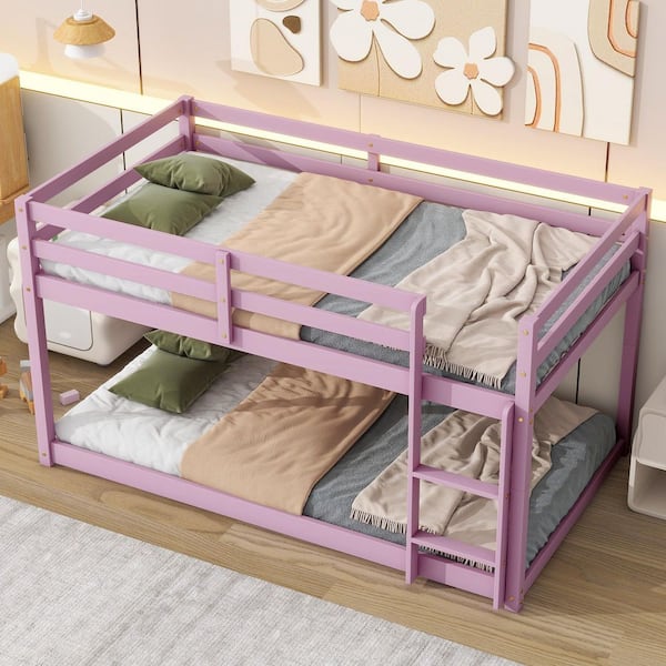 Harper & Bright Designs Pink Twin Over Twin Floor Bunk Bed with Ladder