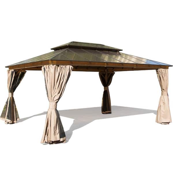 12 ft. x 16 ft. Wood Grain Aluminum Double Galvanized Steel Roof Gazebo with Ceiling Hook, Mosquito Netting and Curtains