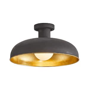 Industrial 15.75 in. 1-Light Black Bowl Shape Ceiling Light Semi-Flush Mount with Metal Shade