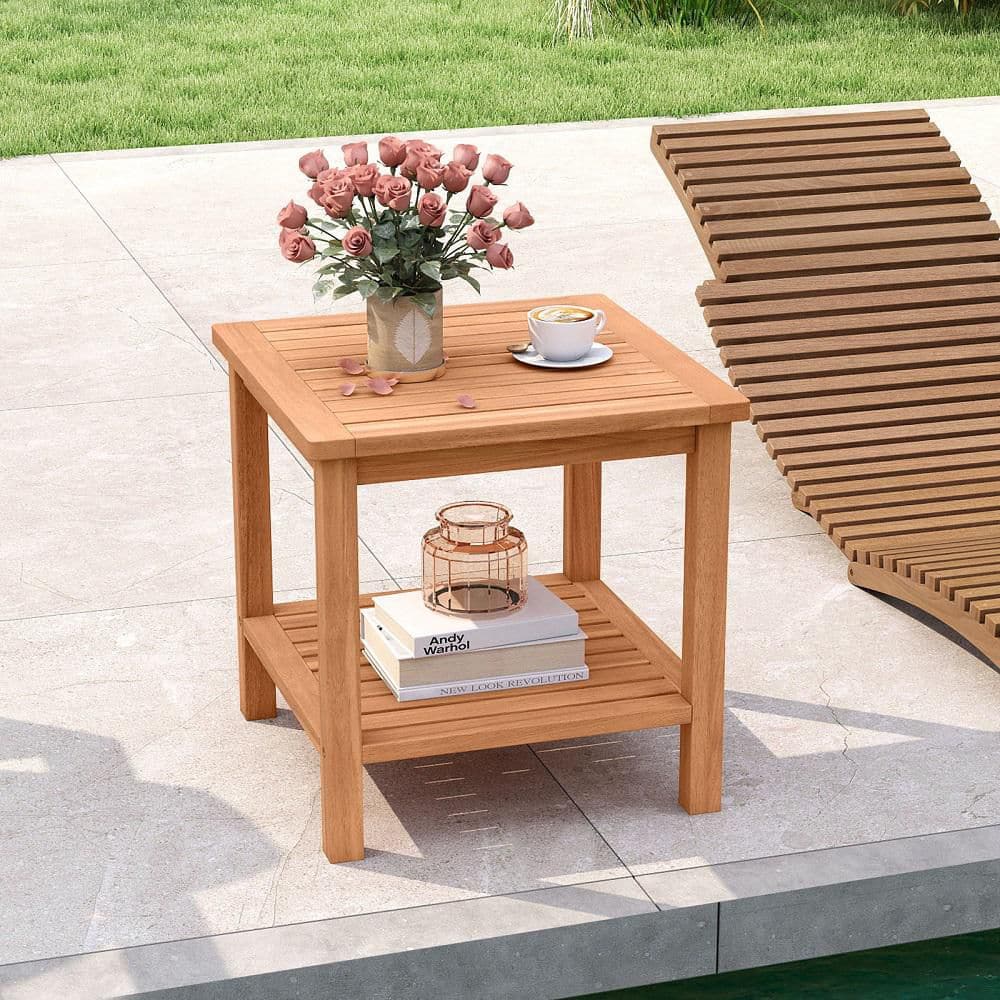 Gymax 2-Tier Patio Acacia Wood Side Table w/Slatted Tabletop