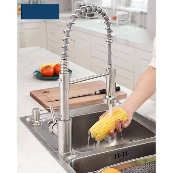18 in. H x9.8 in. W x8.25 in. D Brushed Nickel Stainless Steel Kitchen Faucet with Soap Dispenser and Pull Down Sprayer