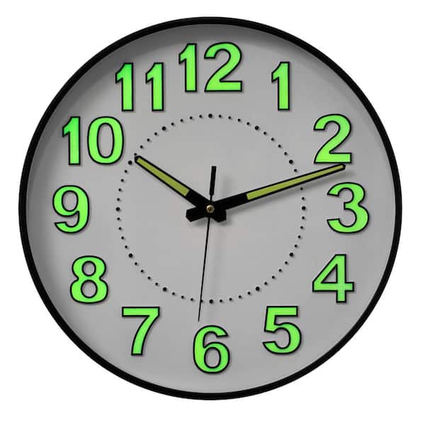 12 in. Glow-in-the-Dark Decorative Black Wall Clock, Non-Ticking Battery Powered for Home Office, Entryway, Bedroom