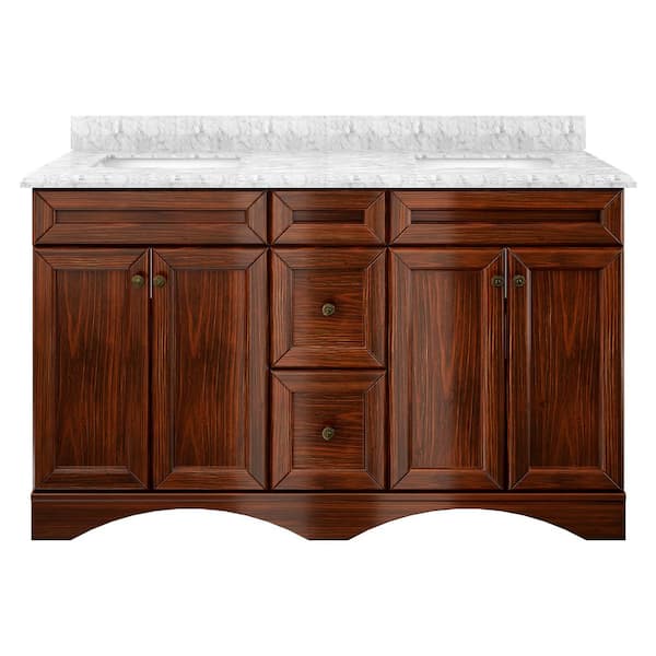 VANITYFUS Solid Wood 60 in. W x 22 in. D x 35.4 in. H Double Sinks Bath Vanity in Brown with Carrara White Natural Marble Top