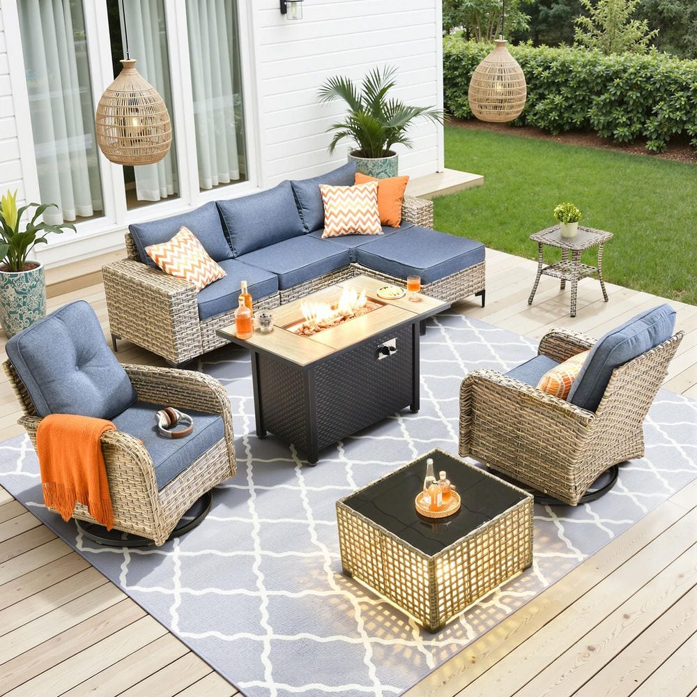 9-Piece Gray Wicker Outdoor Sectional Set Patio Conversation Rocking Swivel Set w/43in Fire Pit & Denim Blue Cushions price history on PriceWatchPro