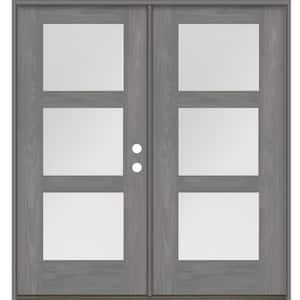 Modern 72 in. x 80 in. 3-Lite Left-Active/Inswing Satin Glass Malibu Grey Stain Double Fiberglass Prehung Front Door