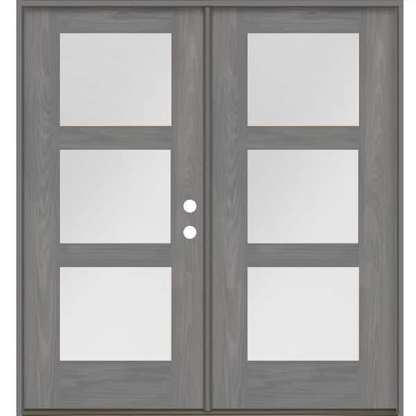 Krosswood Doors Modern 72 in. x 80 in. 3-Lite Left-Active/Inswing Satin Glass Malibu Grey Stain Double Fiberglass Prehung Front Door