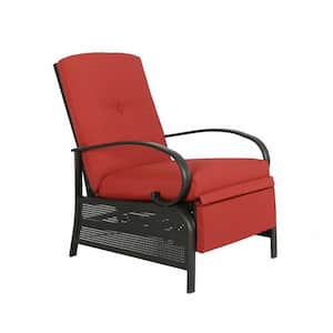 Suncrown Adjustable Black Metal Outdoor Recliner with Red Cushions