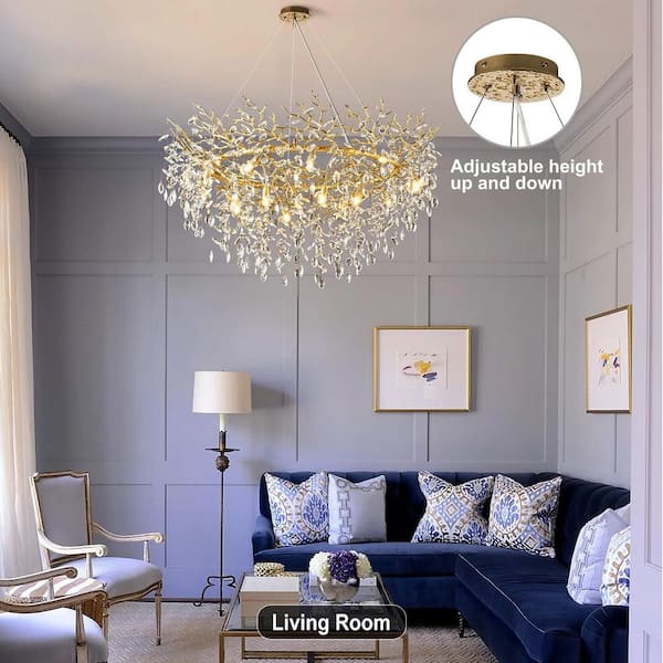 14-Light 48 in. Dimmable Tree Branches Crystal Linear Chandelier, Gold Kitchen Island Chandelier for Living Room Bedroom
